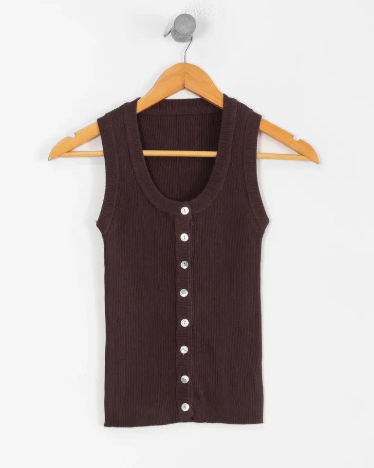 Top marrón con cuello en V y botones delanteros para mujer de Sky en Tops para argentina