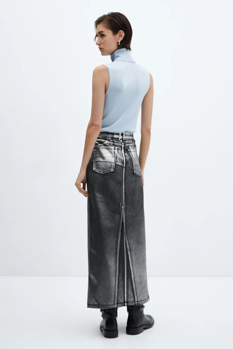 Falda Larga Jean Metalizada de Mango Faldas Plata BKSTG