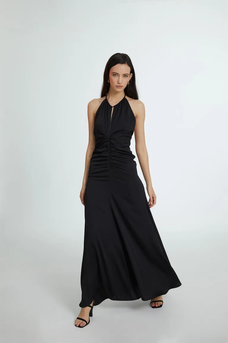 Vestido largo negro con escote halter y cierre lateral para mujer de Naíma en Vestidos para argentina