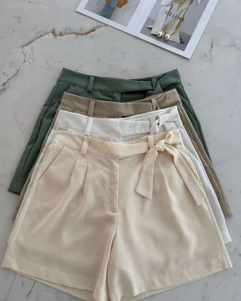 Shorts de lino con lazo y bolsillos en color beige de Hesed en Shorts para argentina