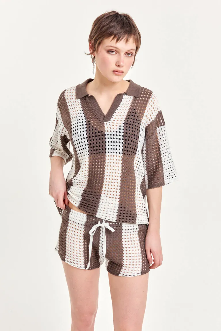 Shorts corto tejido calado con rayas verticales y lazo de ajuste en cintura de 47 Street en Shorts para argentina