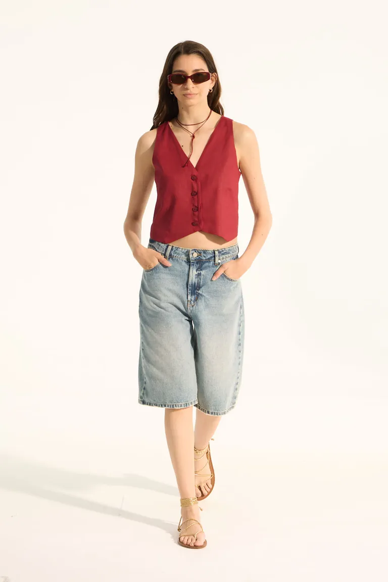 Chaleco de lino viscosa con escote en V y detalles elásticos en la espalda de Portsaid en Chalecos para argentina