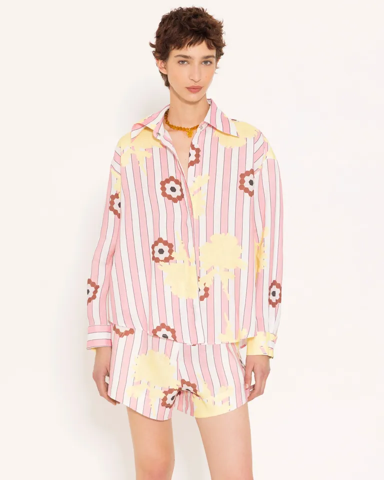 Camisa de lino con estampado de rayas y flores para mujer de Jazmin Chebar en Camisas para argentina