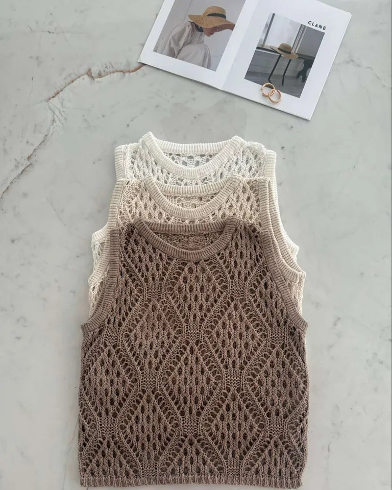 Musculosa de hilo de algodón con trama de rombos calados de Hesed en Tops para argentina