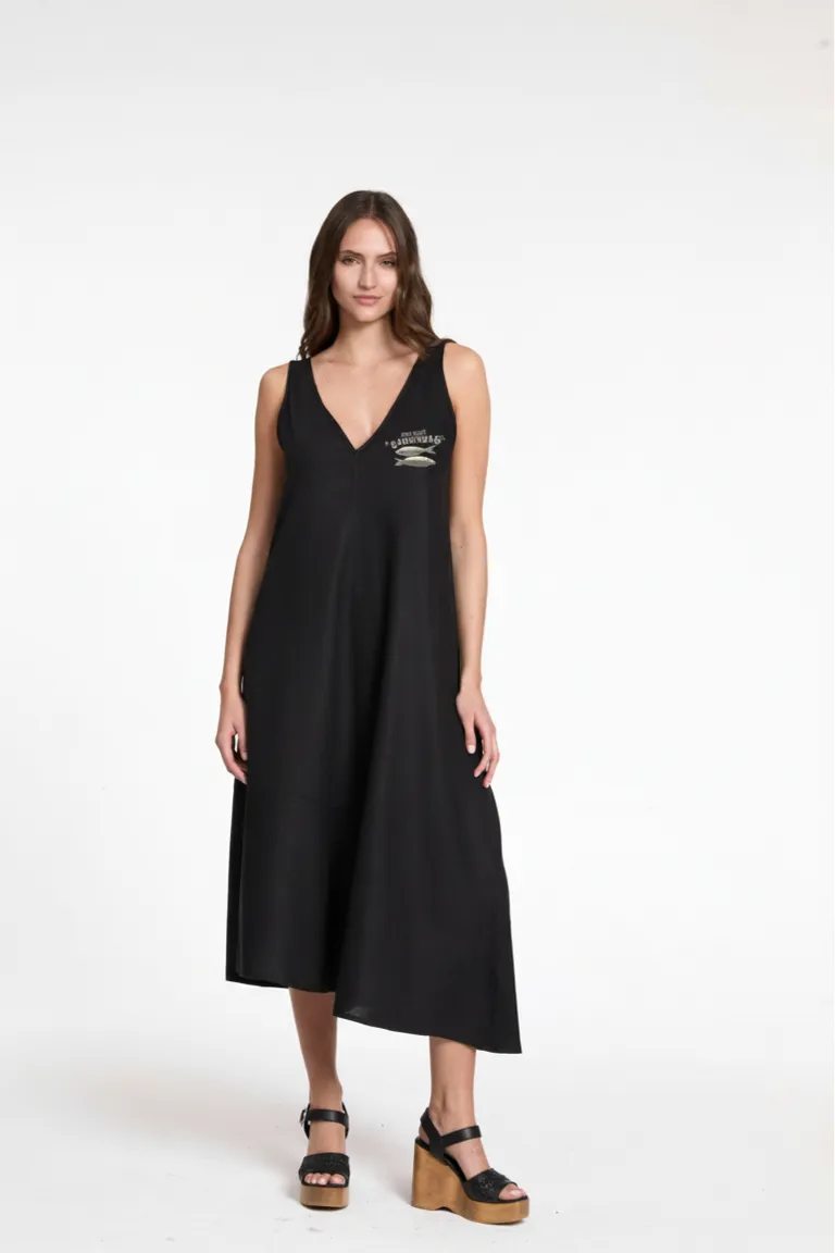 Vestido irregular de lino negro con escote en V de Justaosadia en Vestidos para argentina