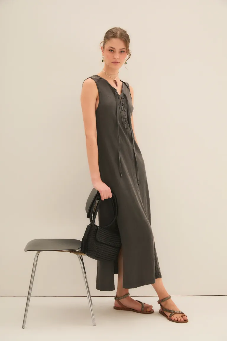 Vestido largo de línea A en algodón peruano con detalles ajustables de Rapsodia en Vestidos para argentina