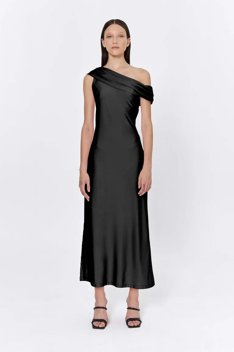 Vestido formal de noche de un solo hombro en tricot negro con tajo lateral de Naíma en Vestidos para argentina
