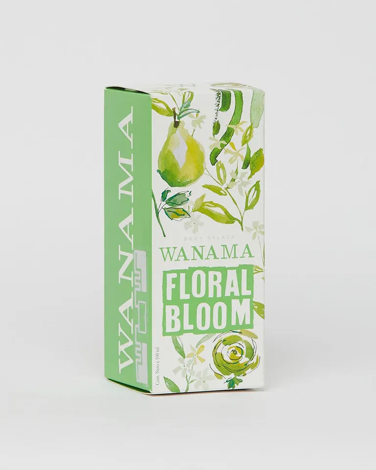 Fragancia corporal femenina con notas florales en envase con diseño ilustrado y caja contenedora de Wanama en Fragancias para argentina