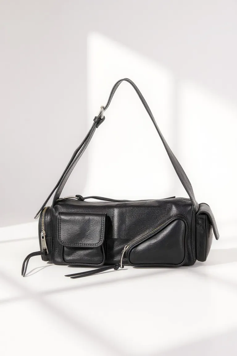 Bolso de cuero negro brillante con cierres metálicos y correa ajustable de Maria Cher en Bolsos y Carteras para argentina