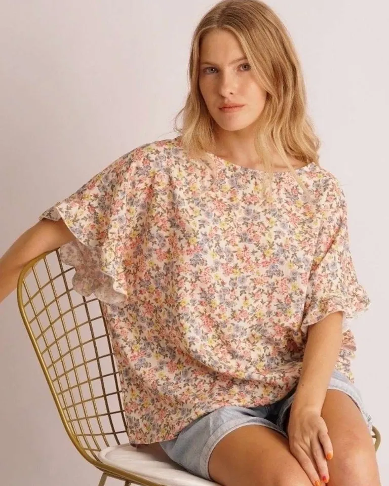 Blusa de lino con estampado floral y volados para mujer de Hesed en Blusas para argentina