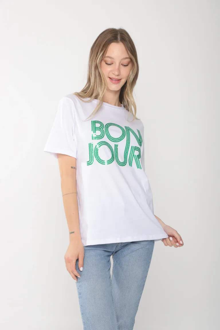 Remera con estampado en verde 'Bonjour' de algodón para mujer de Belle en Remeras para argentina