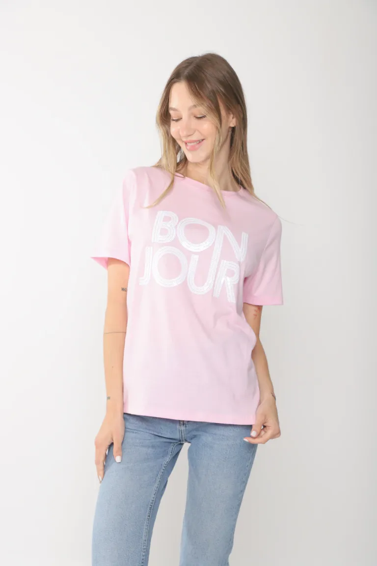 Remera con estampado en verde 'Bonjour' de algodón para mujer de Belle en Remeras para argentina