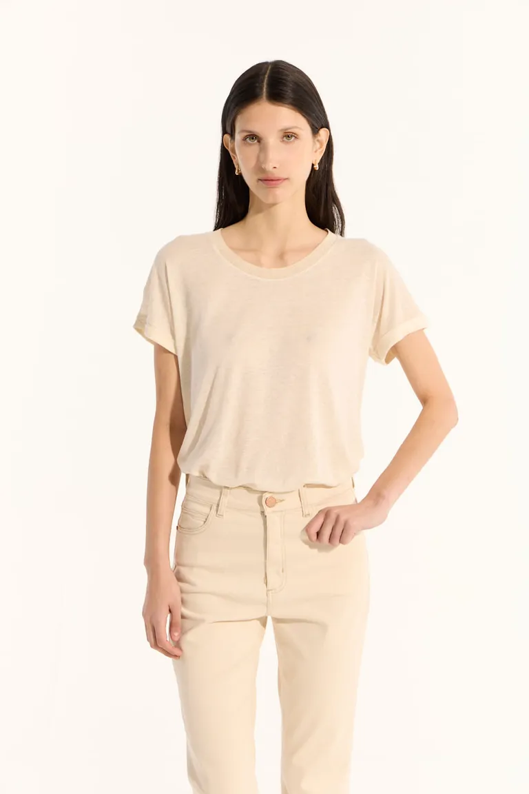 Remera de viscosa y lino de mangas cortas y escote en V para mujer de Portsaid en Remeras para argentina