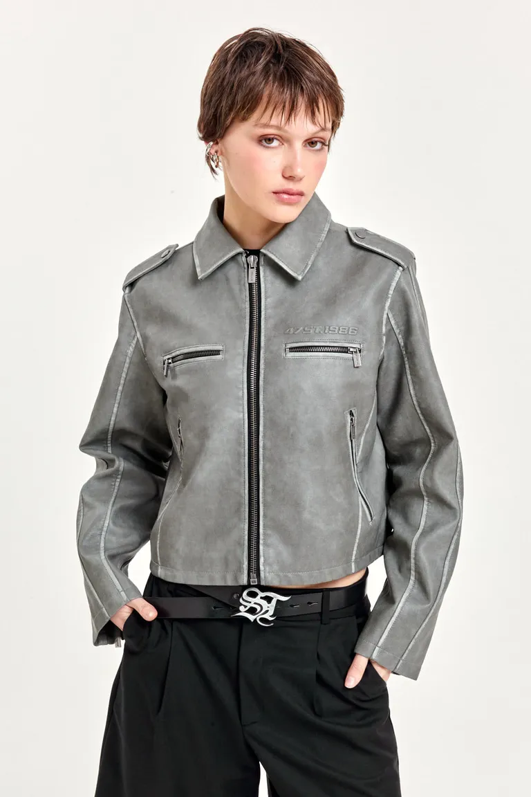 Campera de efecto piel lavada con detalles desgastados y bolsillos con cierres de 47 Street en Chaquetas para argentina