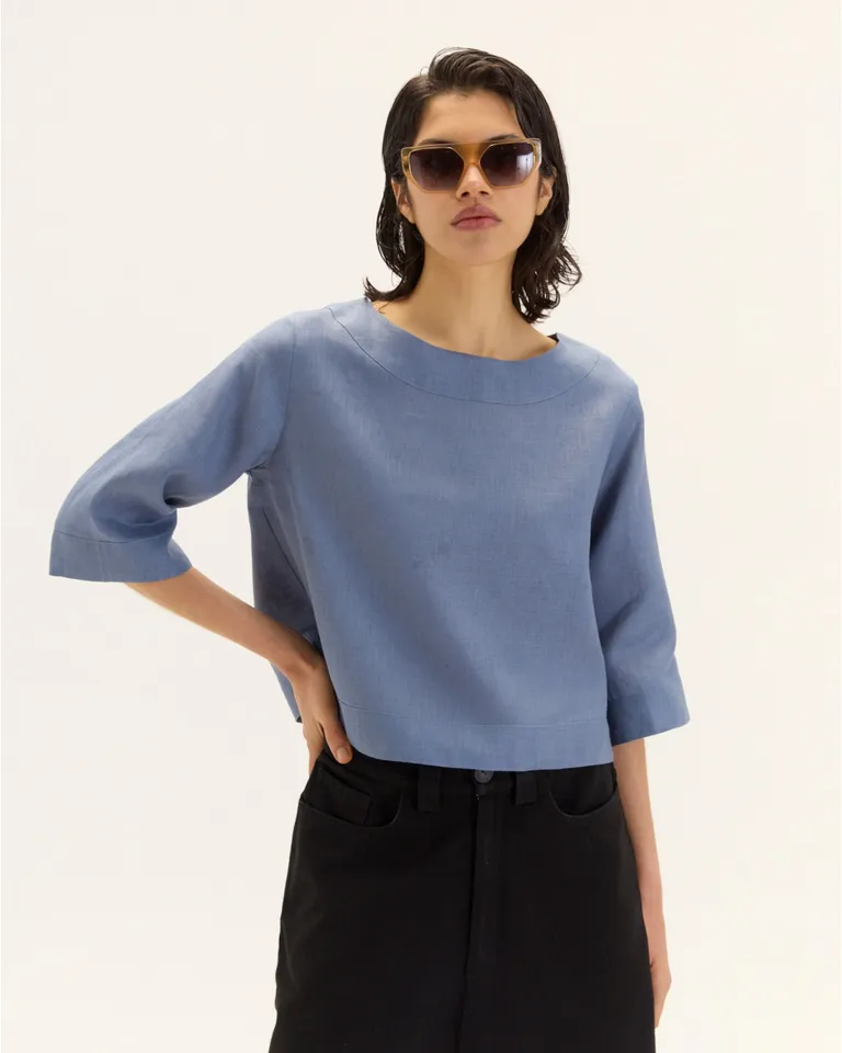 Top femenino de lino con escote bote y mangas 3/4 de Blue Sheep en Tops para argentina