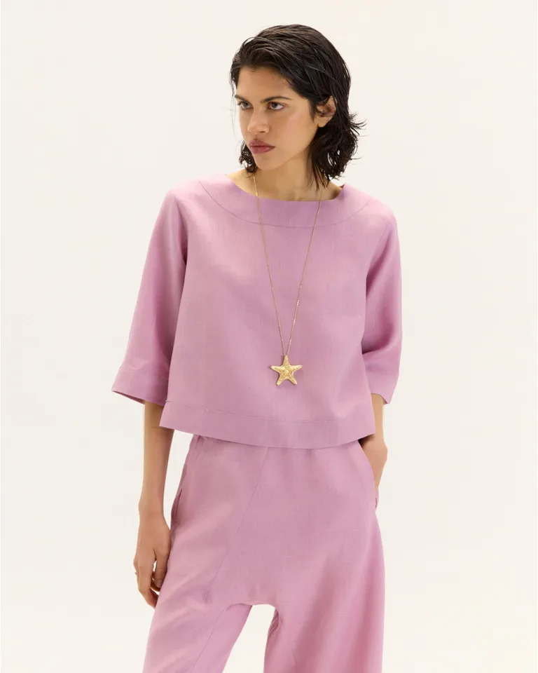 Top femenino de lino con escote bote y mangas 3/4 de Blue Sheep en Tops para argentina