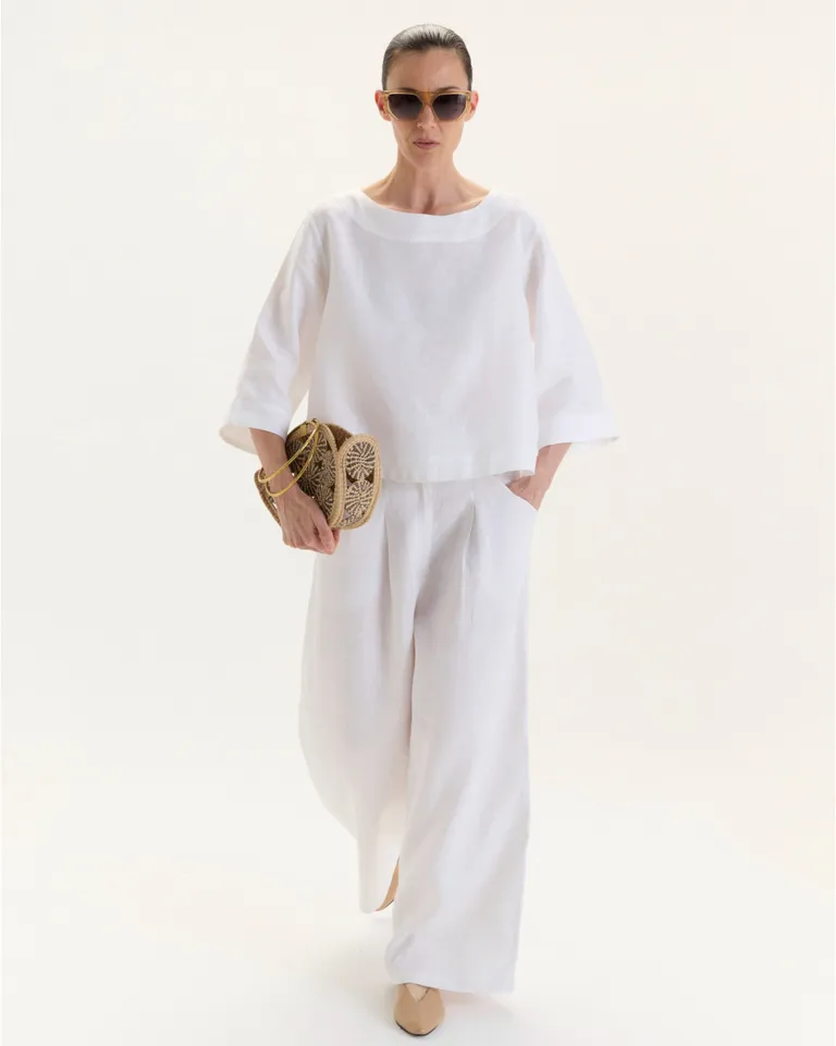 Top femenino de lino con escote bote y mangas 3/4 de Blue Sheep en Tops para argentina