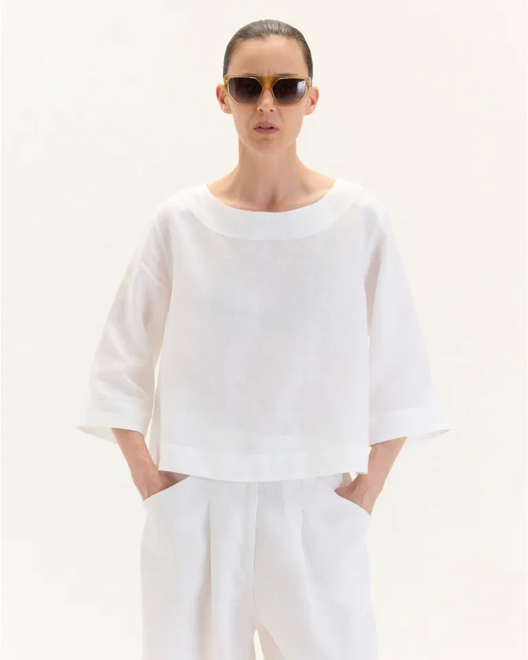 Top femenino de lino con escote bote y mangas 3/4 de Blue Sheep en Tops para argentina