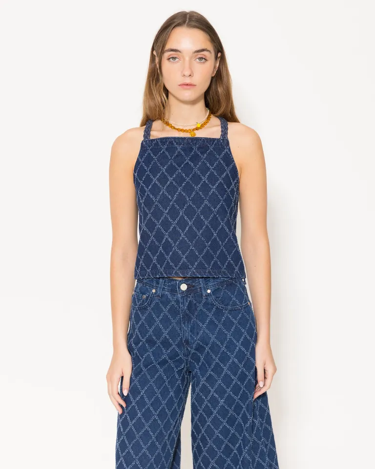 Top cuadrado de denim con textura y diseño de rombos para mujer de Jazmin Chebar en Tops para argentina