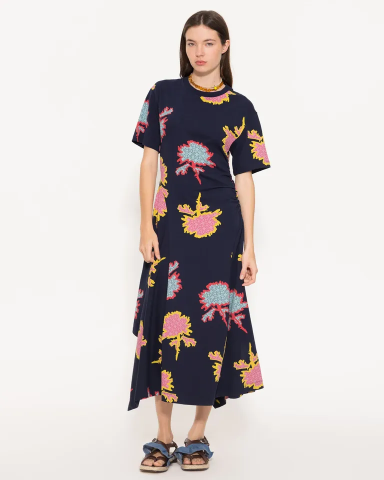 Vestido largo de algodón egipcio con estampado y recortes asimétricos de Jazmin Chebar en Vestidos para argentina