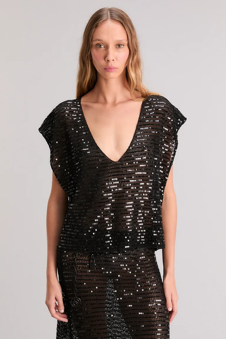 Top negro con bordado de lentejuelas, elegante y brillante para la noche de Kosiuko en Tops para argentina