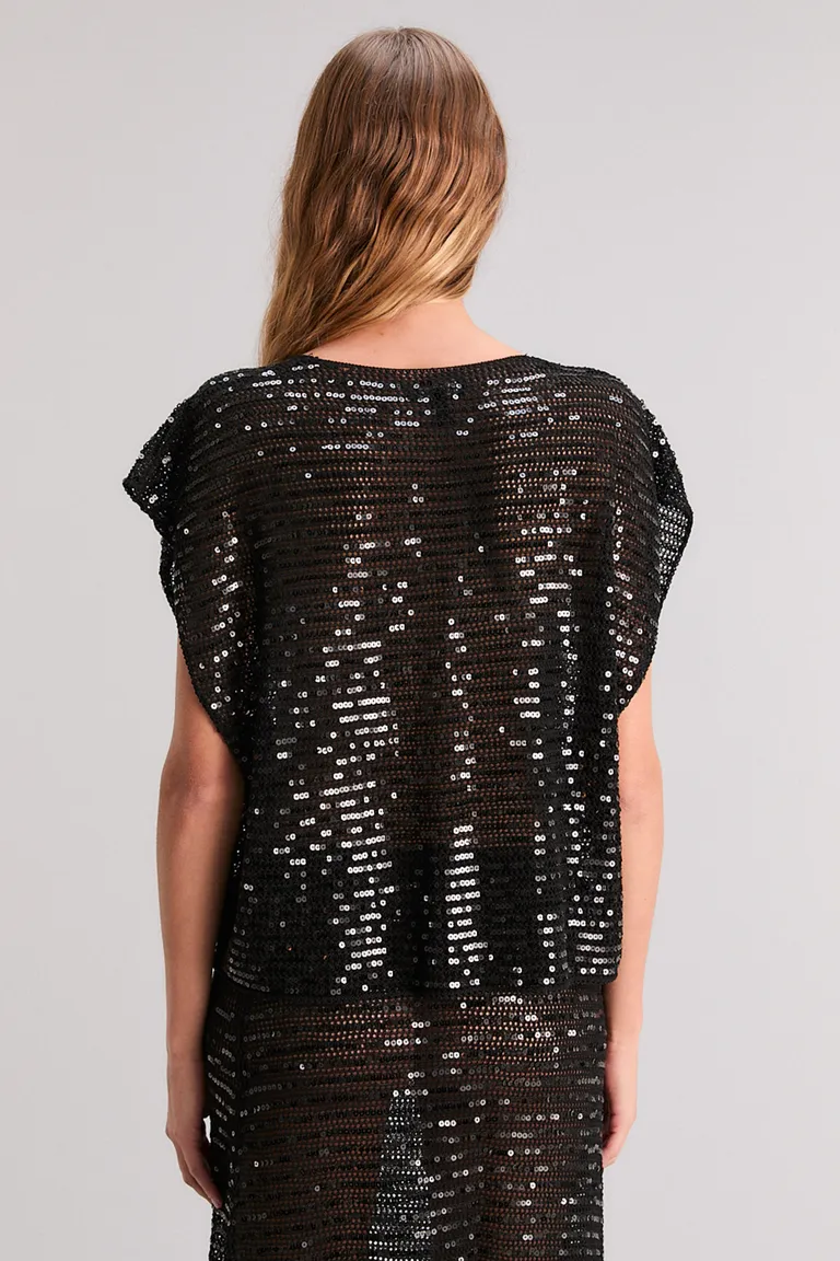Top negro con bordado de lentejuelas, elegante y brillante para la noche de Kosiuko en Tops para argentina