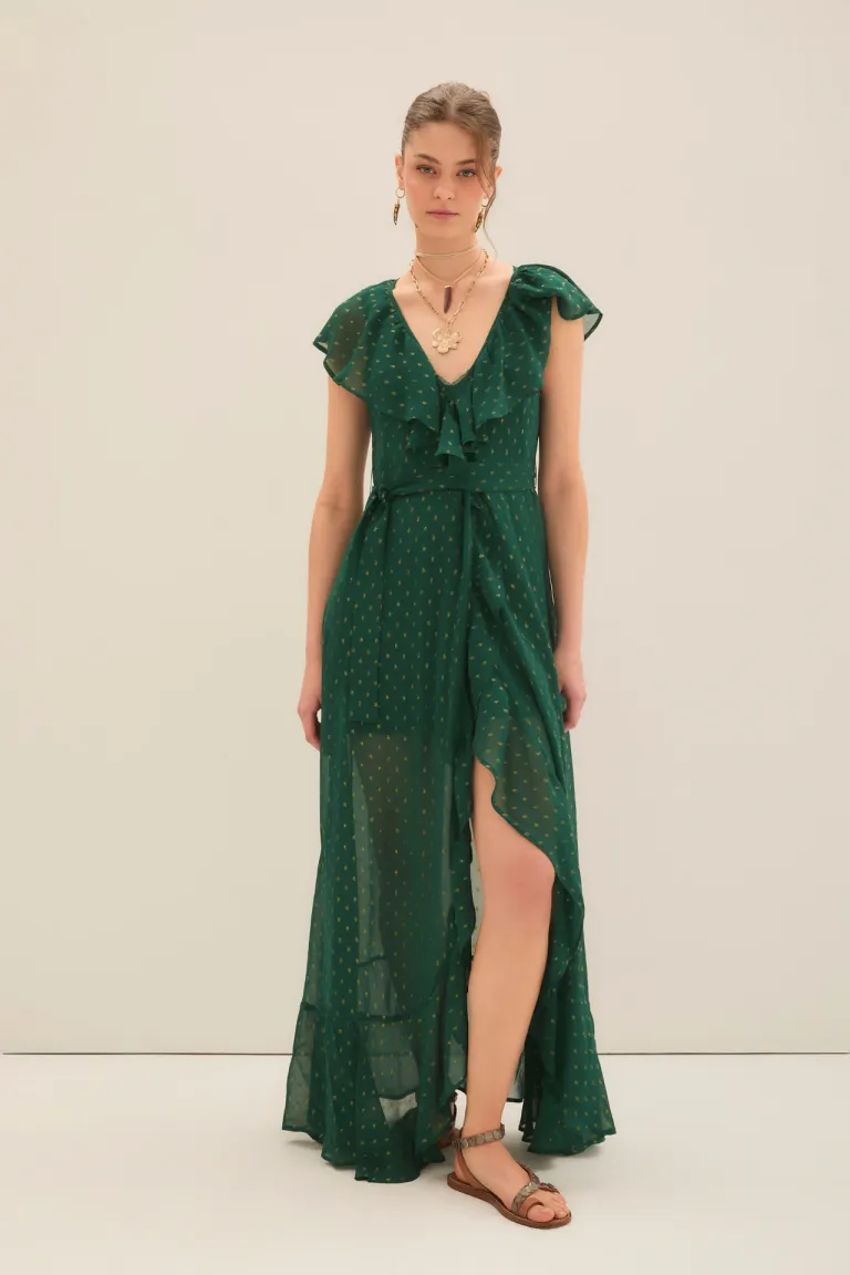 Vestido largo de escote cruzado y volantes en viscosa con lurex dorado de Rapsodia en Vestidos para argentina