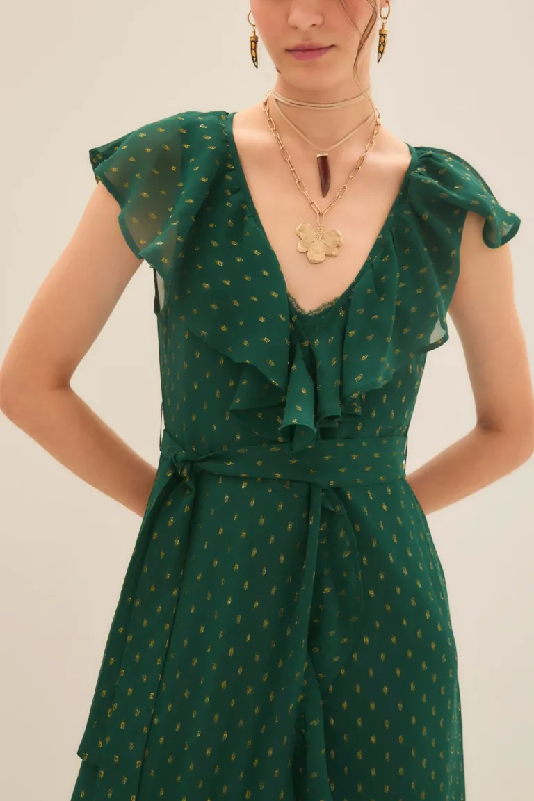 Vestido largo de escote cruzado y volantes en viscosa con lurex dorado de Rapsodia en Vestidos para argentina