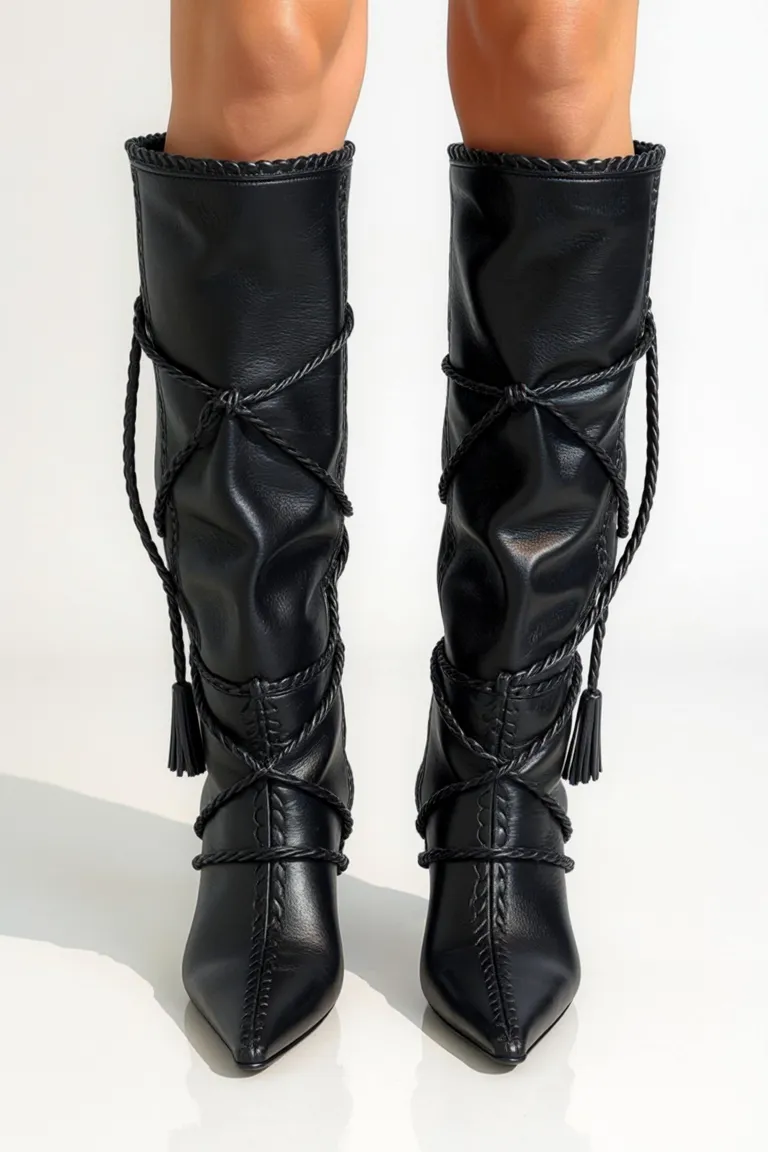 Botas de cuero de caña ancha con tiento trenzado a mano - Elegancia y confort en cada paso de Maria Cher en Botas y Botinetas para argentina