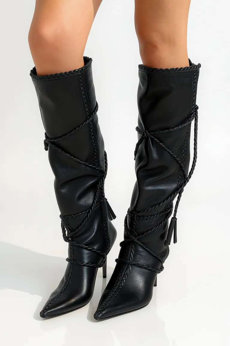 Botas de cuero de caña ancha con tiento trenzado a mano - Elegancia y confort en cada paso de Maria Cher en Botas y Botinetas para argentina