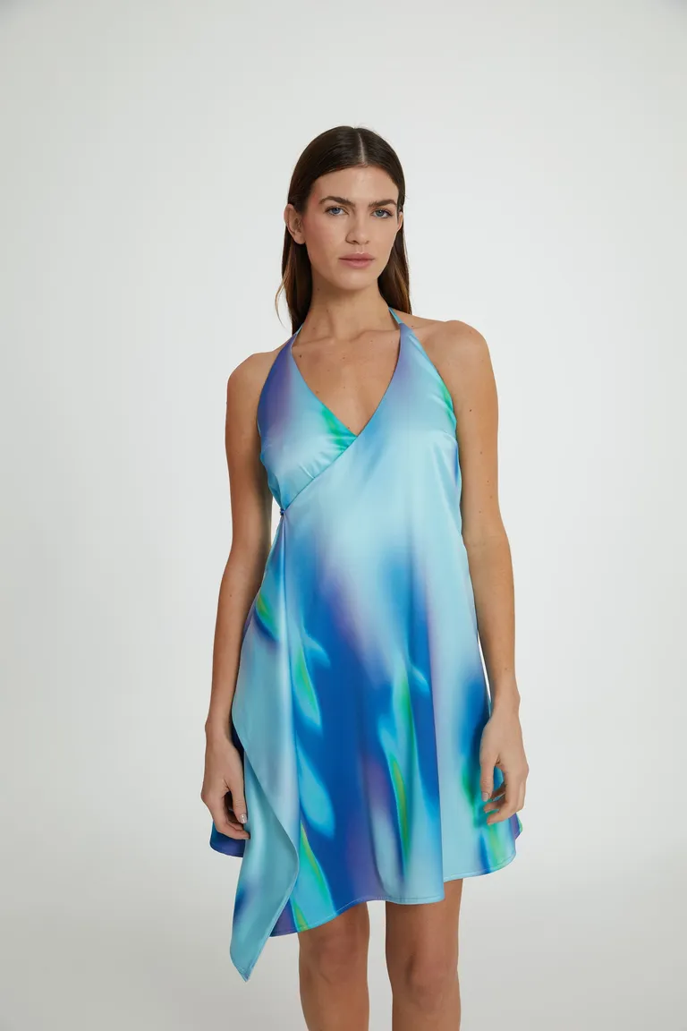 Vestido de seda azul con estampado y escote cruzado de Naíma en Vestidos para argentina