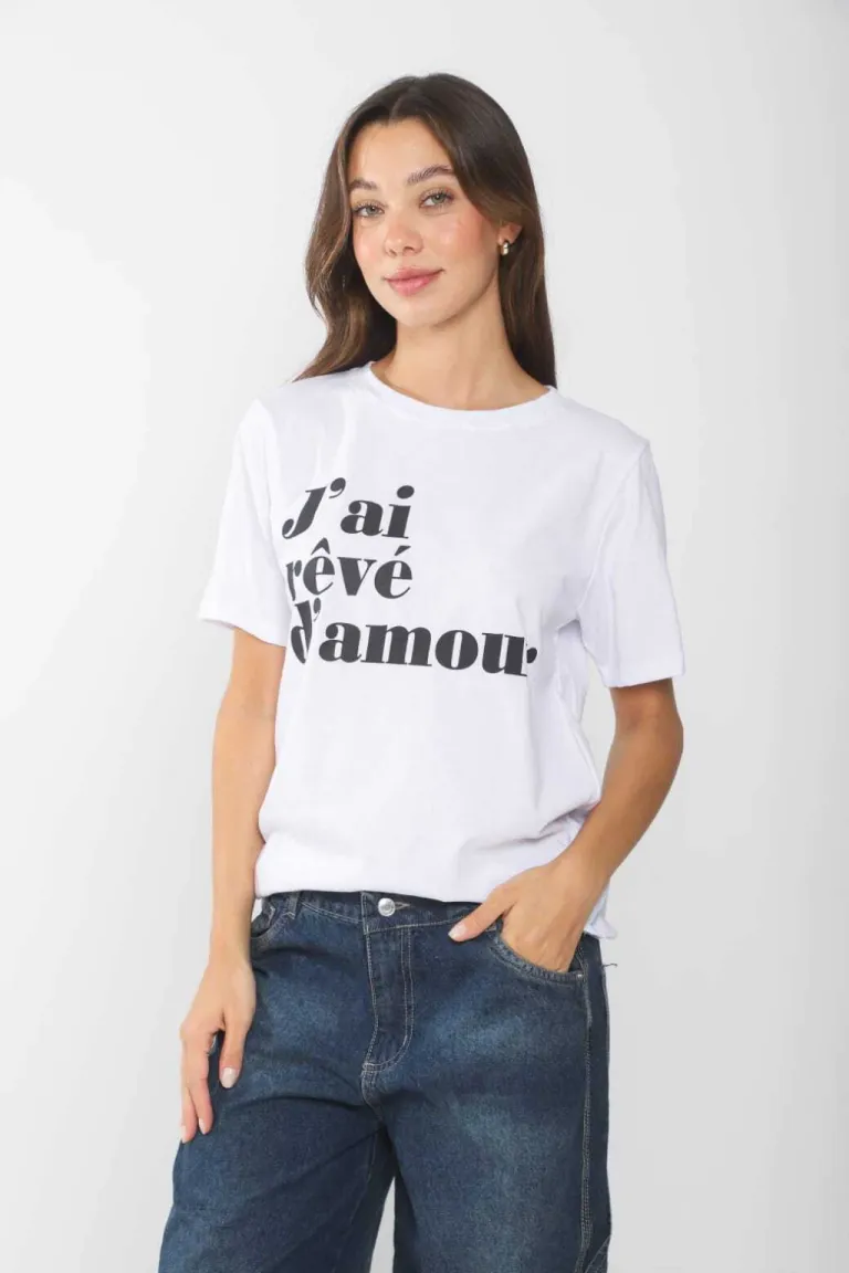 Remera de algodón con estampado de frase en color gris oscuro para mujer de Belle en Remeras para argentina