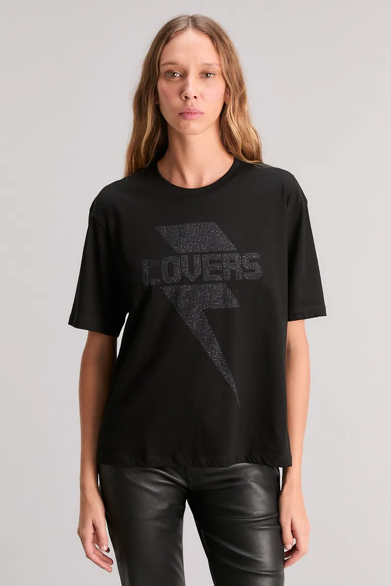 Remera negra de algodón con diseño gráfico en glitter para mujer de Kosiuko en Remeras para argentina