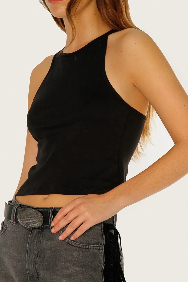 Musculosa de jersey elástico negro con detalle metálico en la espalda de Sofia Sarkany en Tops para argentina