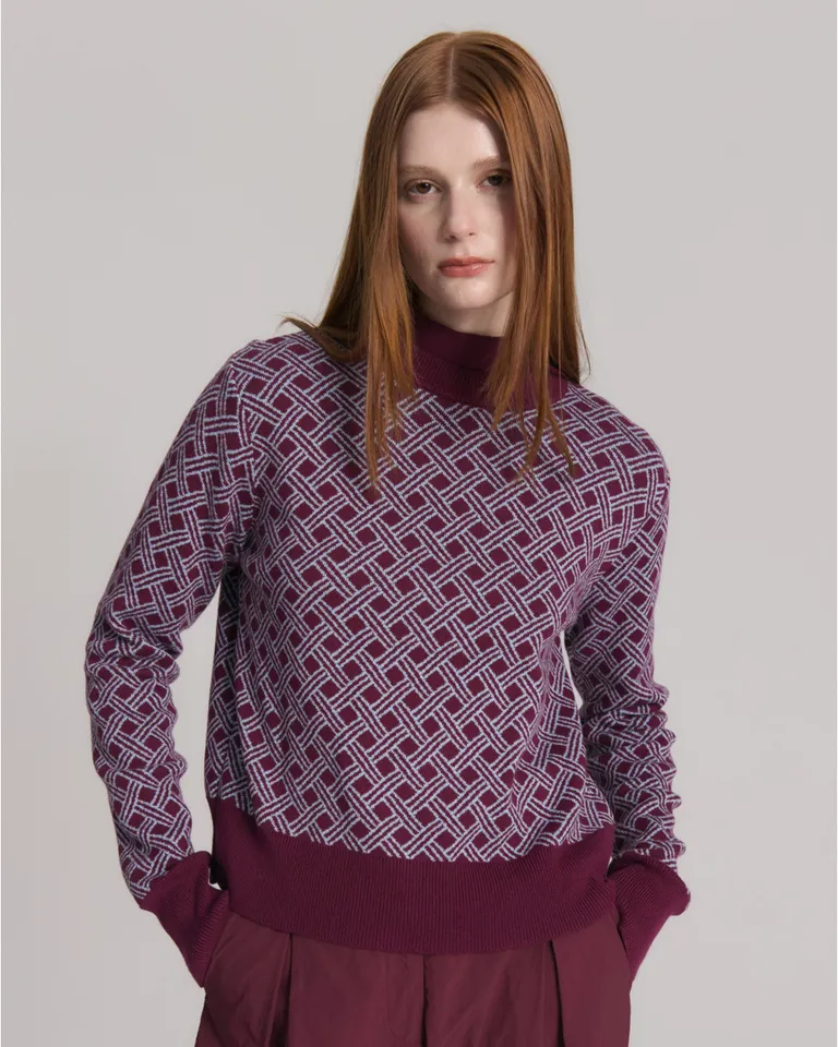 Sweater de mujer con estampado geométrico en jacquard y cuello redondo de calce regular de Blue Sheep en Buzos y Sweaters para argentina