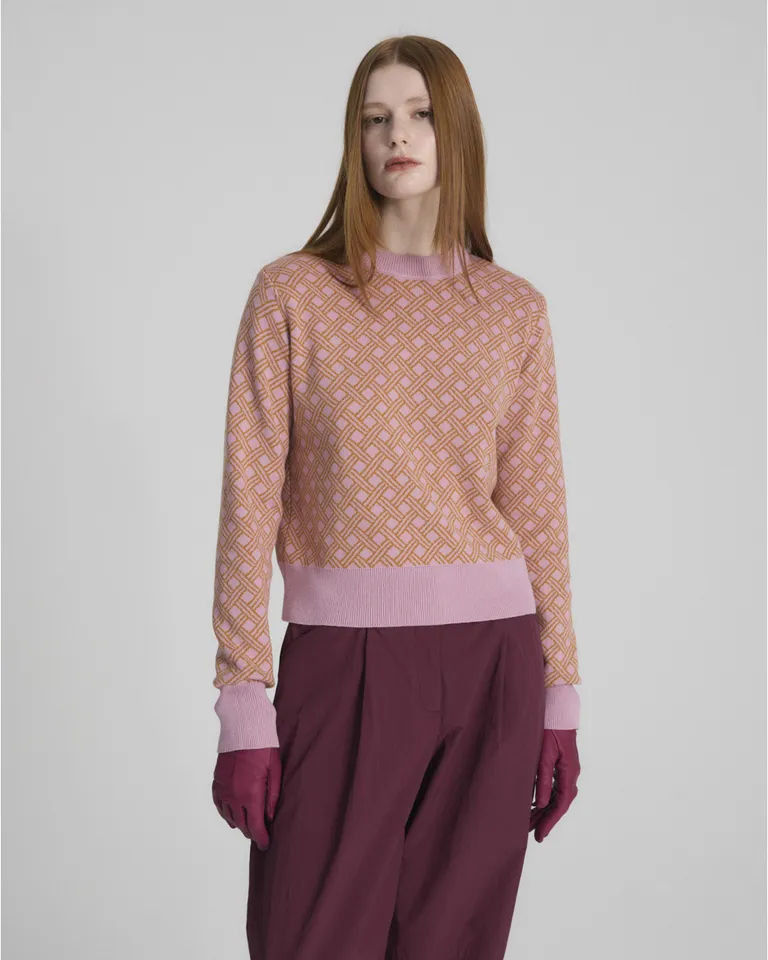 Sweater de mujer con estampado geométrico en jacquard y cuello redondo de calce regular de Blue Sheep en Buzos y Sweaters para argentina