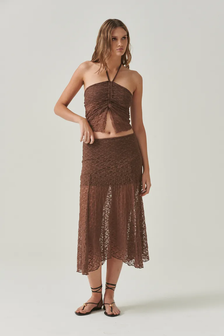 Conjunto de falda midi y top de encaje en tonos marrones - Diseño elegante y moderno de Sweet en Faldas para argentina