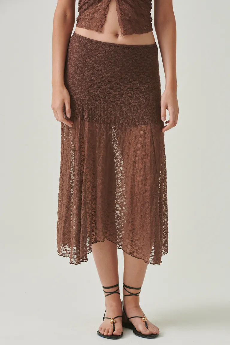Conjunto de falda midi y top de encaje en tonos marrones - Diseño elegante y moderno de Sweet en Faldas para argentina