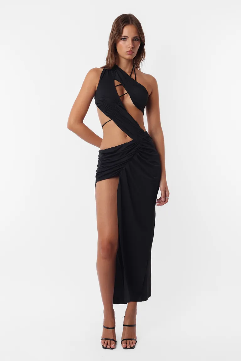 Vestido largo cruzado asimétrico en microfibra negra con abertura en la pierna de Top White en Vestidos para argentina