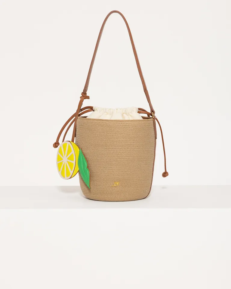 Cartera de cesta tejida en hilo sintético y correas de cuero vacuno liso con detalles especiales de Jazmin Chebar en Bolsos y Carteras para argentina