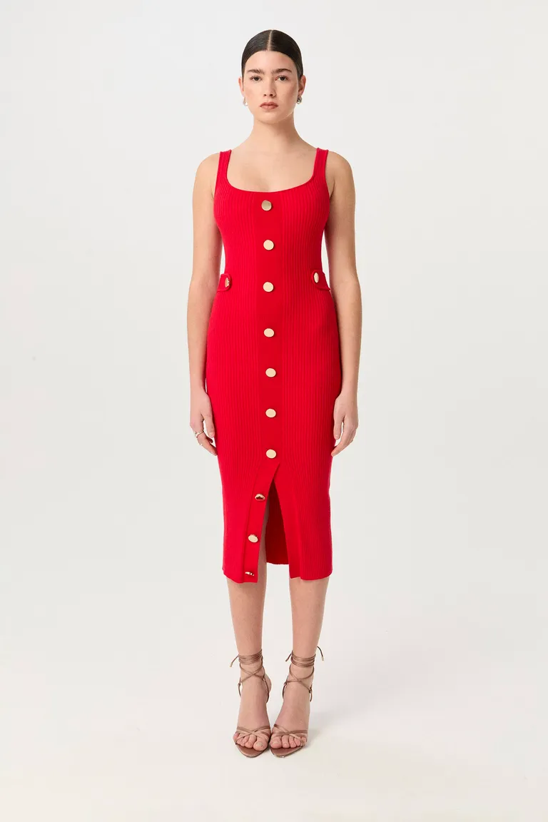 Vestido rojo de punto acanalado con detalles de botones metálicos y largo midi de Markova en Vestidos para argentina