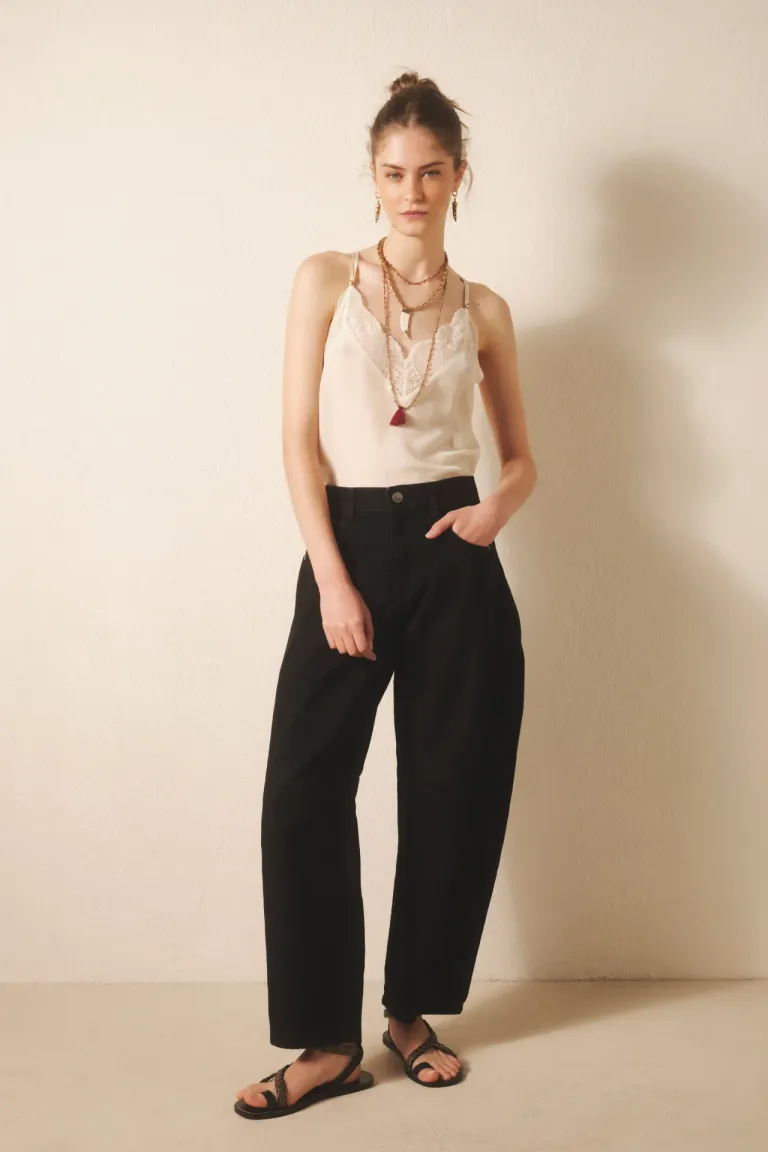 Pantalón de tiro medio-alto con piernas anchas y acabado balloon en denim negro de Rapsodia en Pantalones para argentina