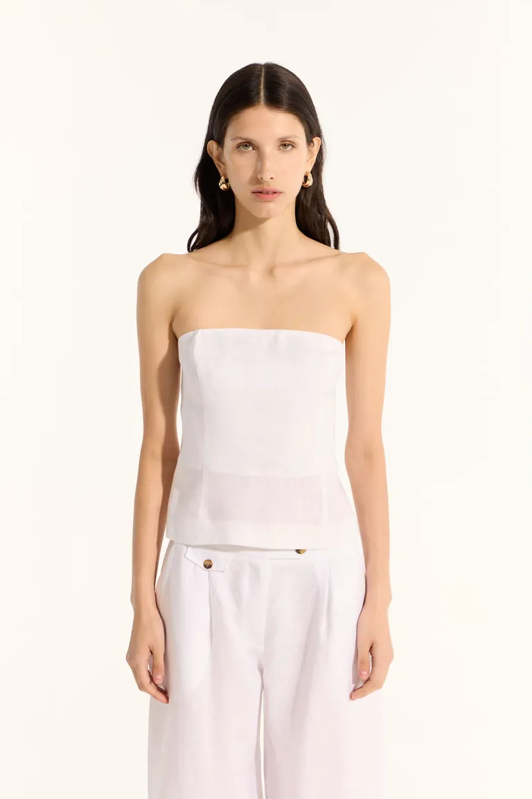 Top de lino blanco strapless con diseño ceñido en la cintura de Portsaid en Tops para argentina