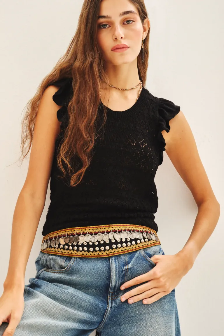 Cinturón de gamuza con bordado de mostacillas y monedas, diseño étnico y elegante de Rapsodia en Cinturones para argentina