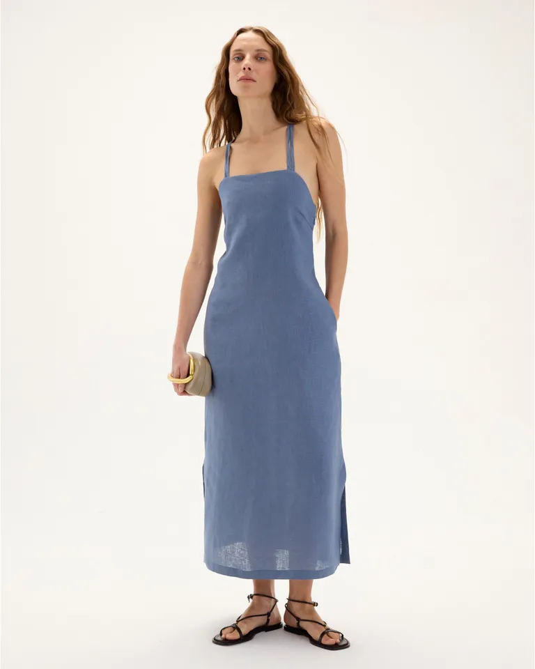 Vestido de lino naranja con escote cuadrado y entrecruzado en la espalda de Blue Sheep en Vestidos para argentina