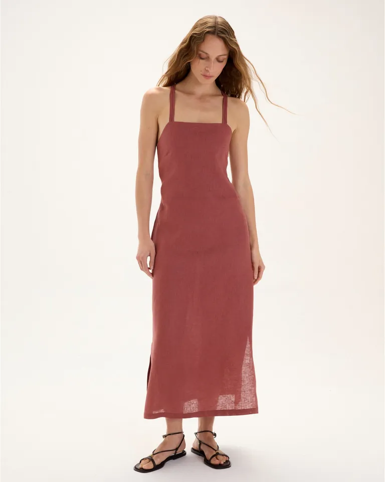 Vestido de lino naranja con escote cuadrado y entrecruzado en la espalda de Blue Sheep en Vestidos para argentina