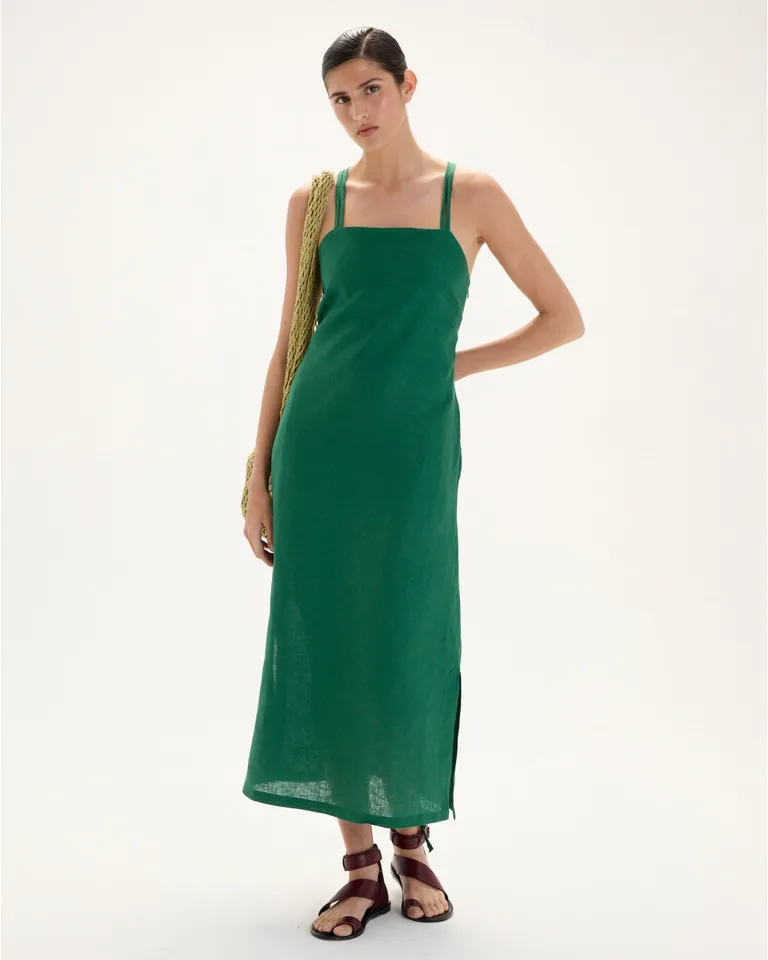 Vestido de lino naranja con escote cuadrado y entrecruzado en la espalda de Blue Sheep en Vestidos para argentina