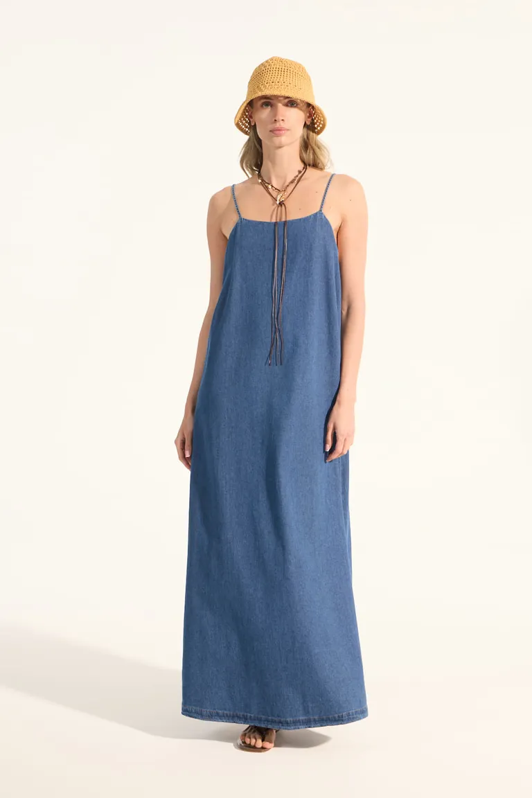 Vestido largo de tela denim con breteles regulables y escote cuadrado de Portsaid en Vestidos para argentina