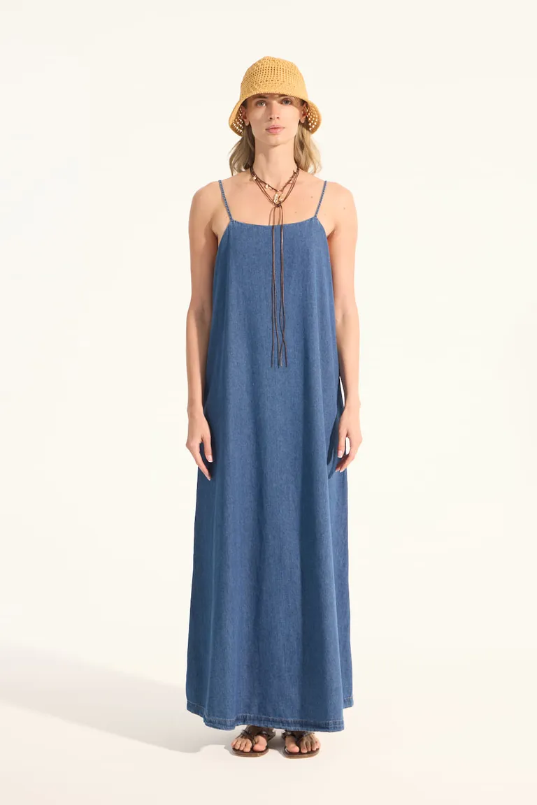 Vestido largo de tela denim con breteles regulables y escote cuadrado de Portsaid en Vestidos para argentina