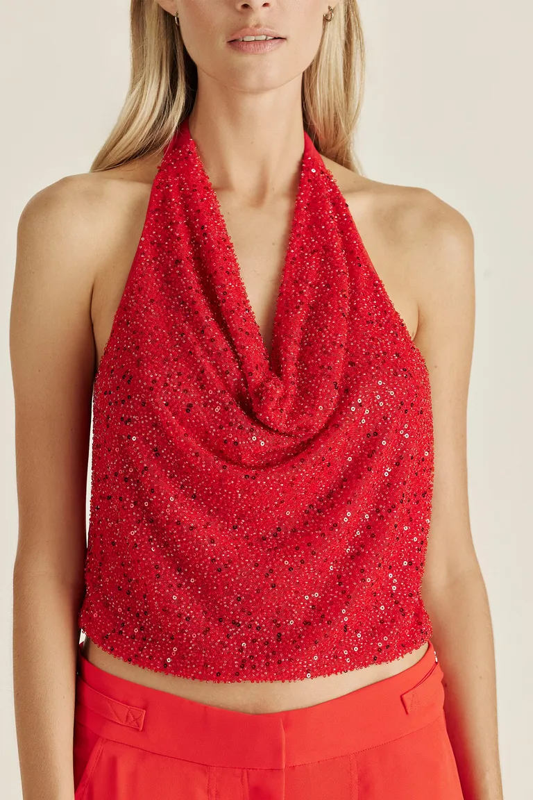 Top rojo bordado sin espalda, diseño único y elegante de Tucci en Tops para argentina